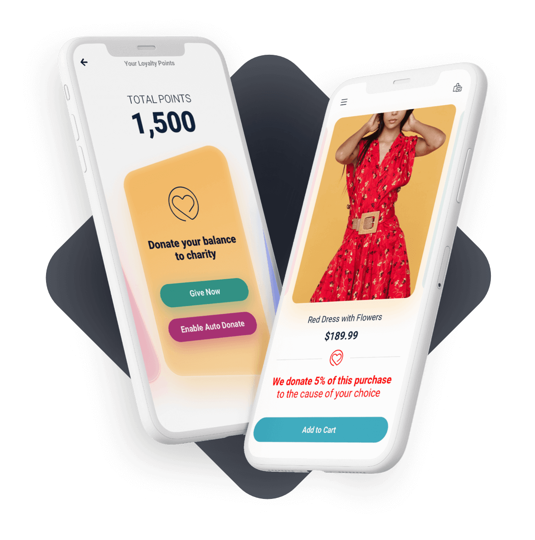 Mobile app showing 1,500 points for charitable donations